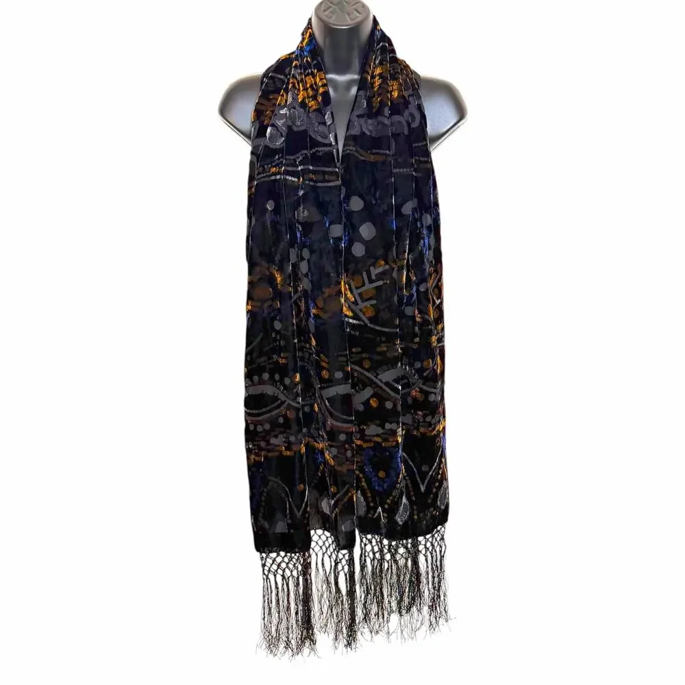 VTG Silk Blend Velvet Burnout Scarf Wrap Shawl Black Gold Blue Fringe Whimsygoth